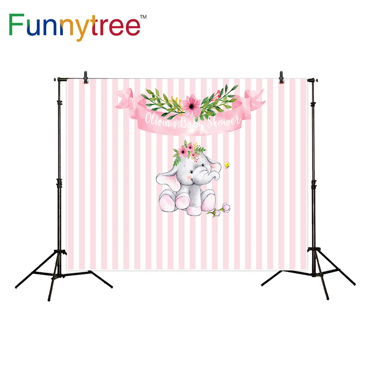 

Funnytree pink elephant background photo studio stripe birthday banner flower dessert table decor girl backdrop photography