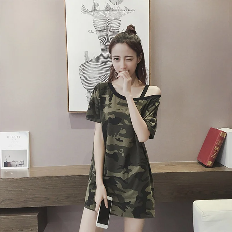 Женская длинная футболка с коротким рукавом камуфляжная свободная открытыми