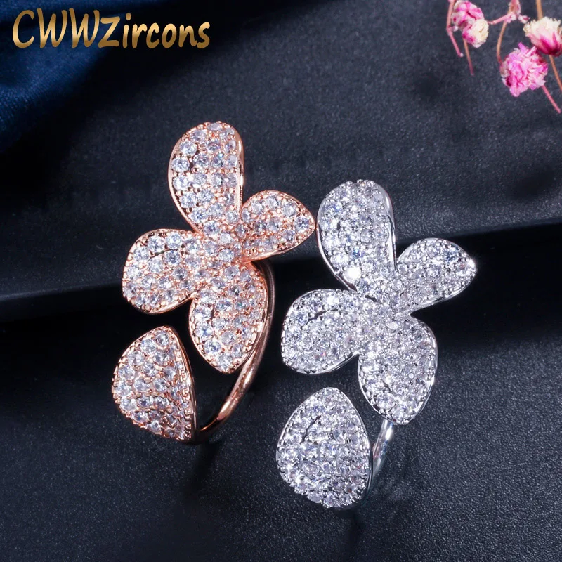 CWWZircons, роскошные кольца с регулируемым размером, серебро и розовое золото, кубический цирконий, цветочный лист, открытые кольца для женщин, для помолвки, вечерние, подарок R130