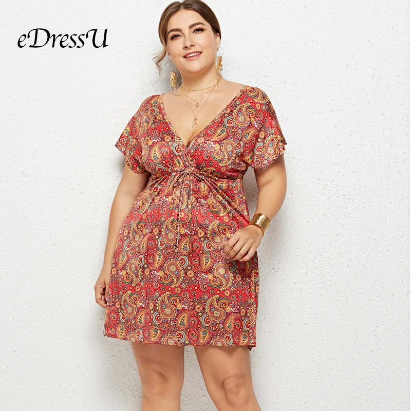 

Летнее платье с узором, сексуальное, v-образный вырез, с короткими рукавами, праздничное, Пляжное, коктейльное, вечерние платья, eDressU LMT-6021