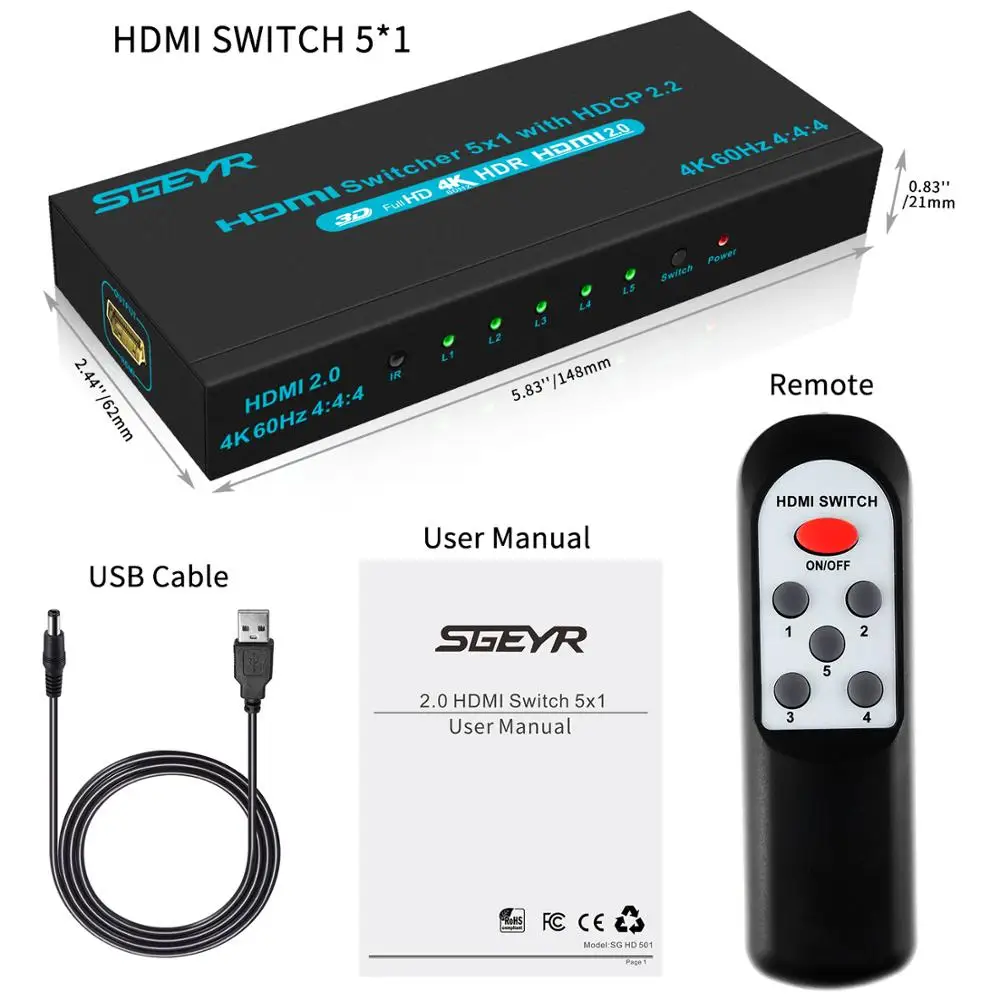Переключатель HDMI SGEYR 4K @ 60 Гц 5 х1 портов HDR | Электроника