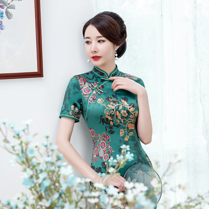 Зеленая сексуальная длина до колена Cheongsam Летнее винтажное платье в китайском стиле Модные женские вискозные Qipao тонкие вечерние платья с пуговицами Vestido
