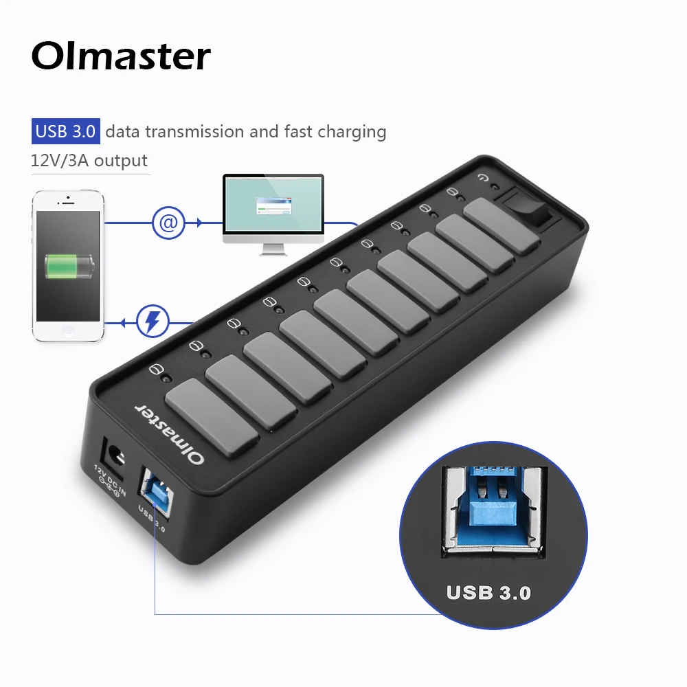 Oimaster USB 3.0 концентратор 10 Порты быстро Зарядное устройство 12 В 3A Портативный Splitter