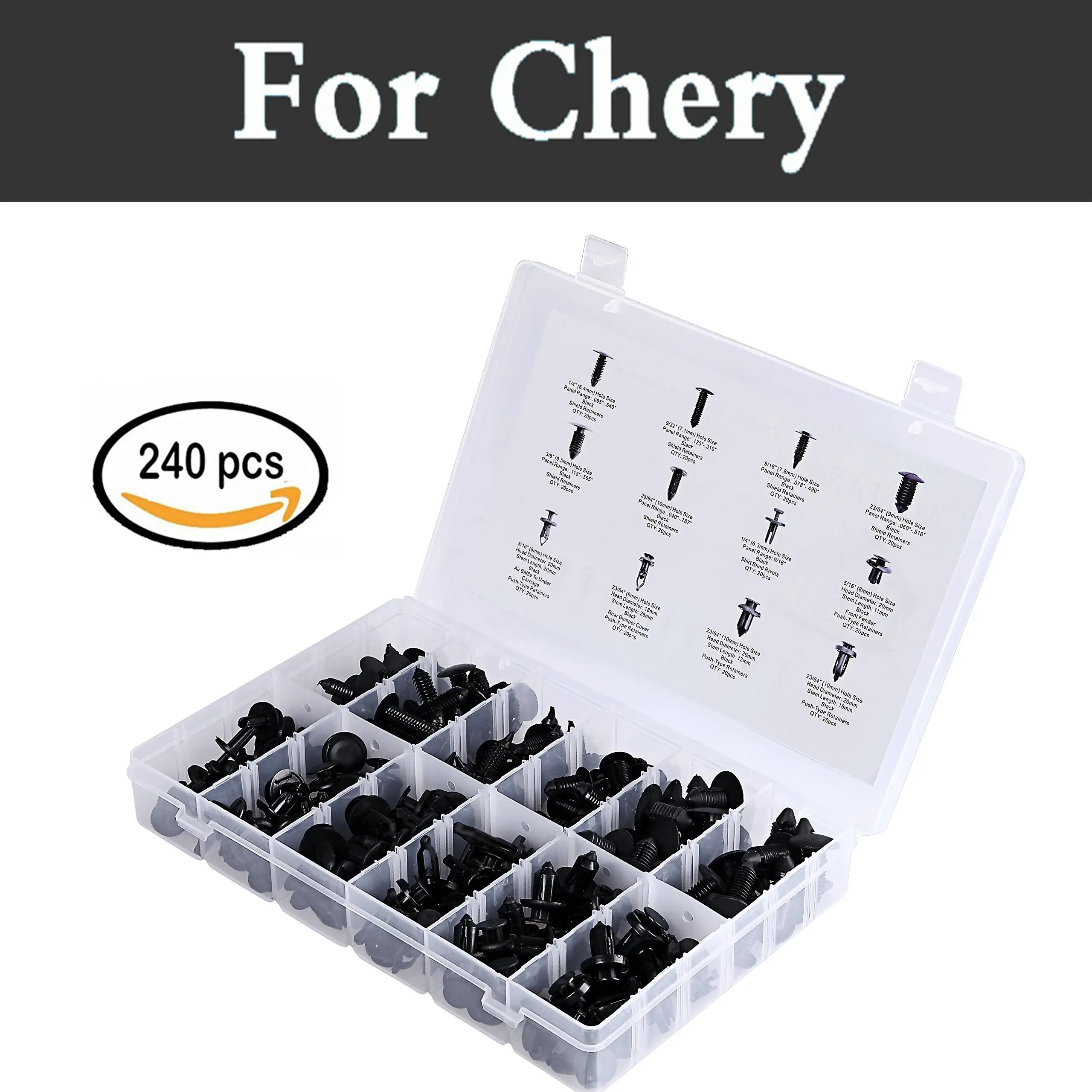 Auto Styling Clips Assortment[240pcs] -Rivets 12sizes &ampApplications For Chery Amulet Arrizo 7 Bonus Crosseastar Fora Indis Kimo |
