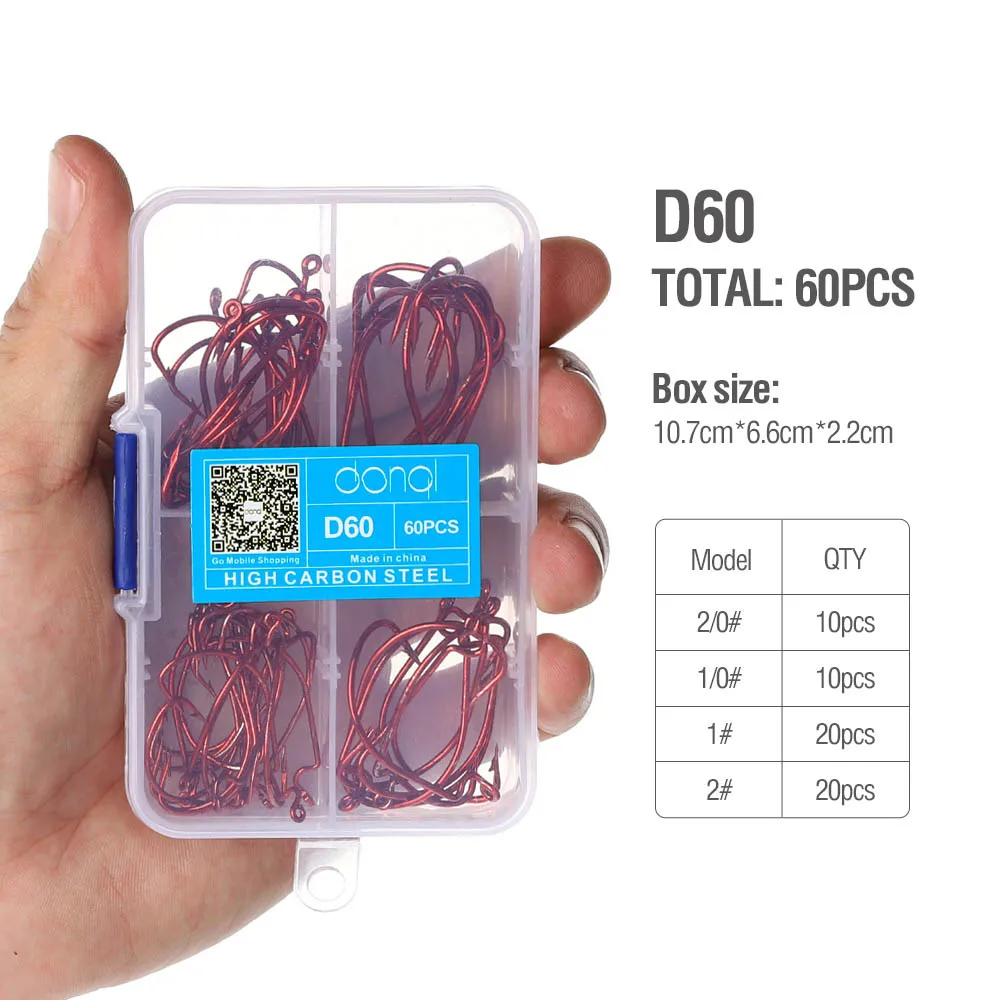 D60 Red DONQL 60 шт./компл. широкая заводная рукоятка бронзовых морских рыболовных крючков смешанные Размеры офсетная печать рыболовный крючок 5/0#4# колючий Карп Рыбалка крюк для Мягкая приманка в виде червей - Цвет: D60 Red