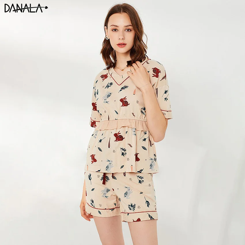 Женский пижамный комплект DANALA 100% хлопок с шортами летняя домашняя одежда |