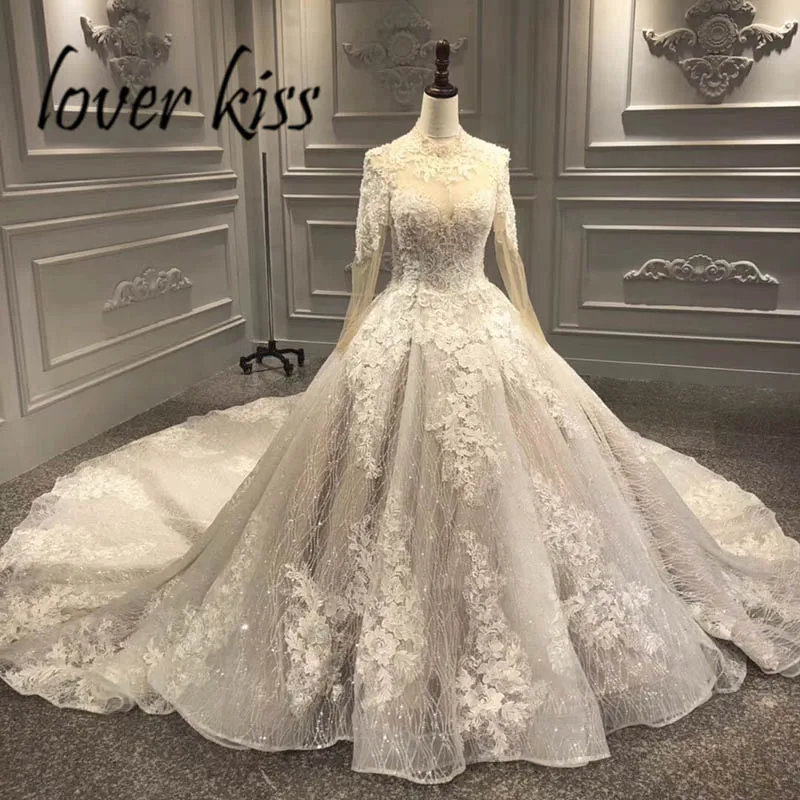 Lover Kiss Vestido De Noiva Великолепное Кружевное вышитые бисером Длинные рукава свадебное