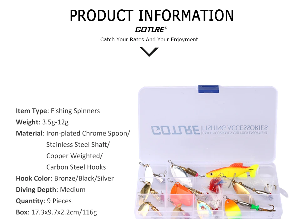 Goture 9 шт./компл. Spinner наживка, металлическая ложка приманка для рыбалки 3,5g-12g жесткая искусственная приманка Спиннербейт приманка, плавающая приманка, всё для рыбалки