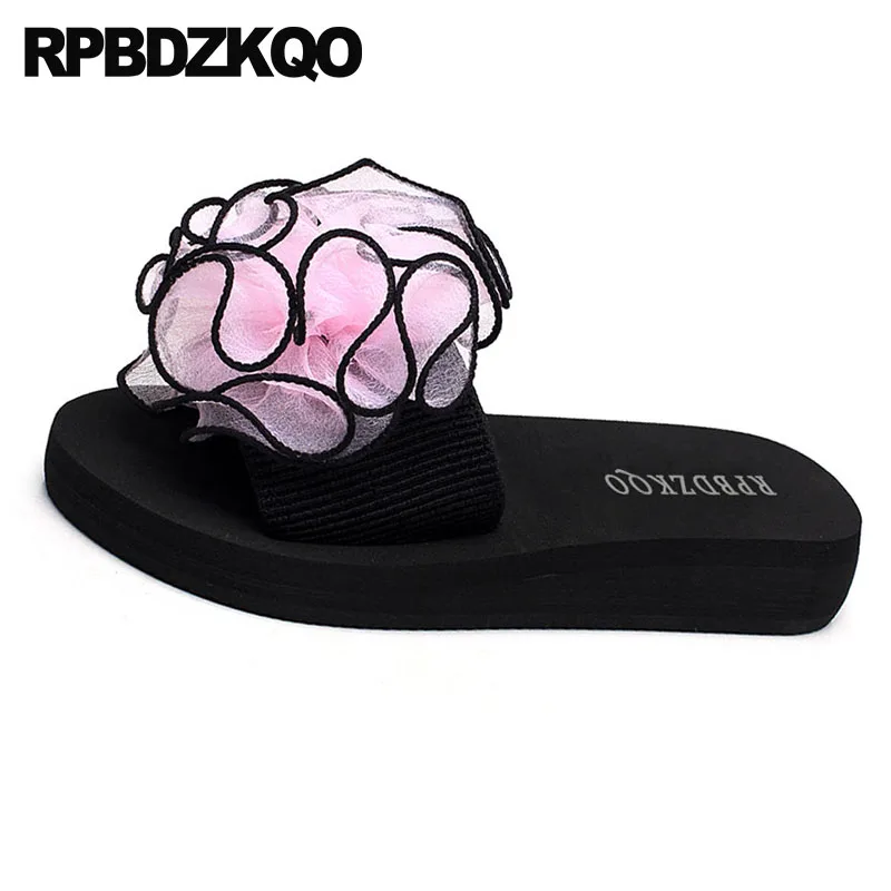 Flower Slippers Sandals Large Size Big High Heel Ladies Wedge Fashion Wide Fit Shoes Flatforms Pink Women Summer Low Slides Plus | Обувь