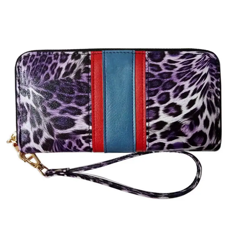 KANDRA Personalized Leopard Patchwork Long Wallet for Women with Removable Wristlet Strap Animal Print Zipper Purse Card Holder