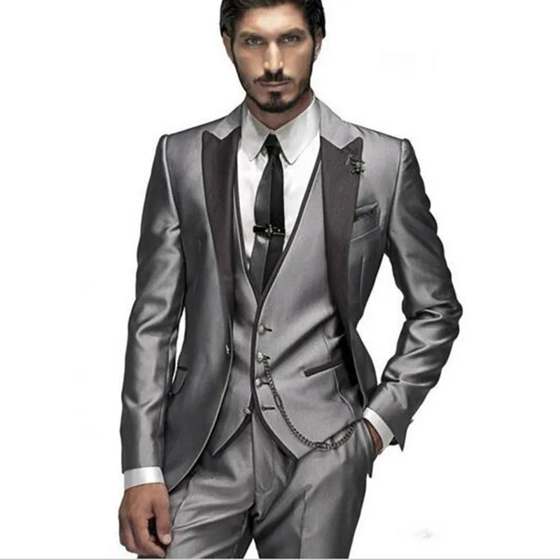 2018 Custom Made Men Wedding Prom Suits Bridegroom Groom Tuxedo Silver men Suit Peaked Lapel man Groomsman Jacket+Pant+Vest+Tie