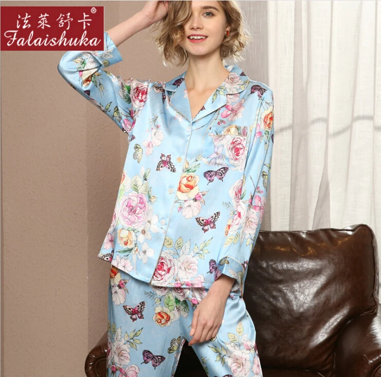 Women Silk Pajamas Set Stain Flower Print Long Sleeve 2019 Summer Spring Silk Home Wear Fashion Pajama Sets Pants Sleepwear XL