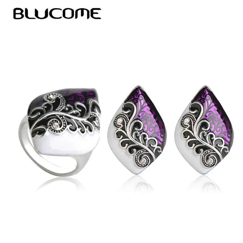 Женский комплект из сережек и кольца Blucome фиолетовый гвоздиков золотистого цвета