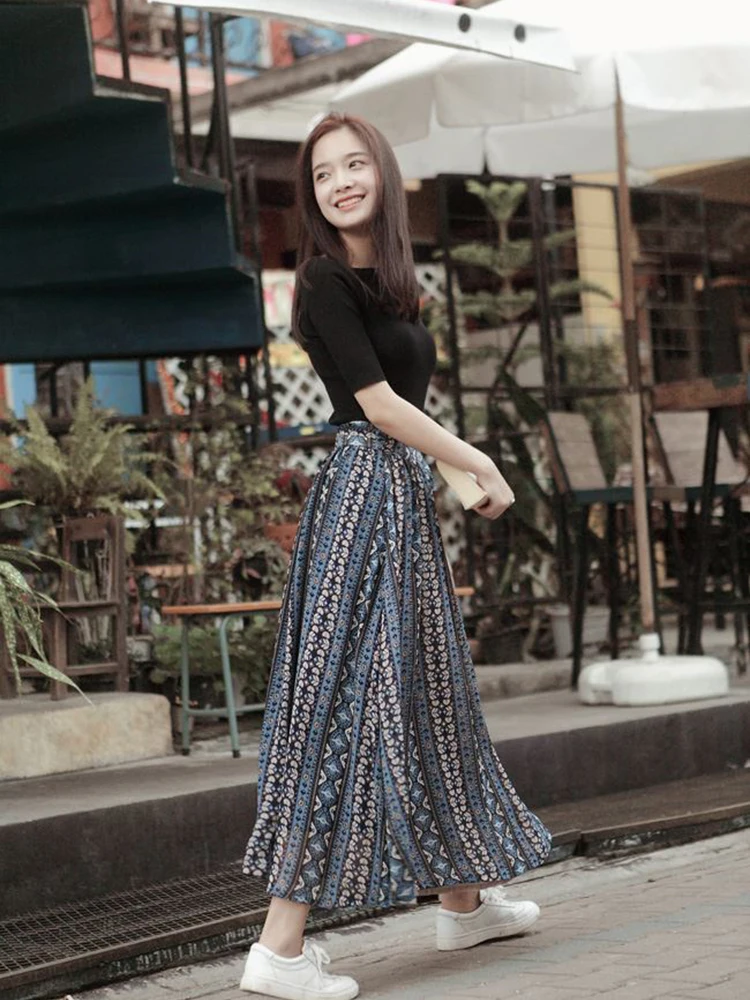 Женская юбка Повседневная синяя Цветочная клетчатая длинная 2019 Весна Лето Новая