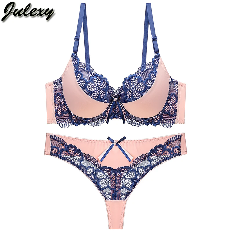 

Julexy thong bra set push up Lace hollow out Brassiere bra and panty set Underwear Femme Panties Lingerie