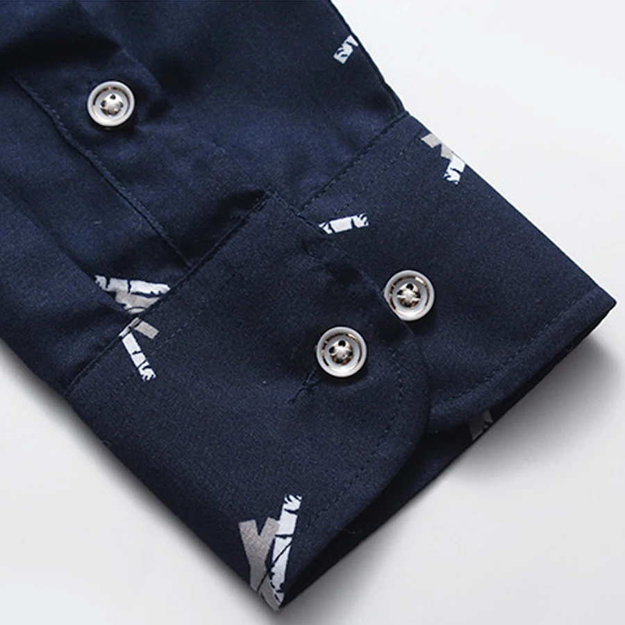 Мужская хлопковая рубашка с длинным рукавом белая темно-синяя принтом большие