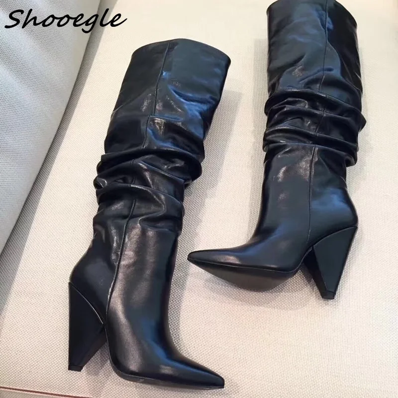 Брендовая Дизайнерская обувь SHOOEGLE черные кожаные сапоги до колена женские на