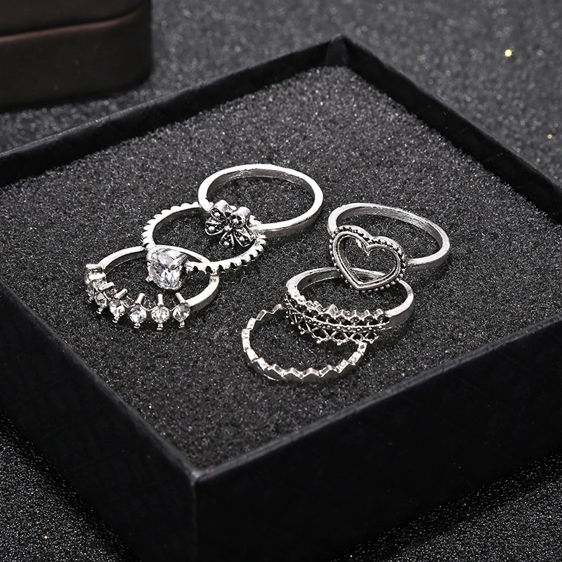 YAOLOGE Vintage Heart Flower Crown Shape Rings Sets for Women Girls Bohemian Carving Crystal Midi Knuckle 6 pcs/Sets | Украшения и
