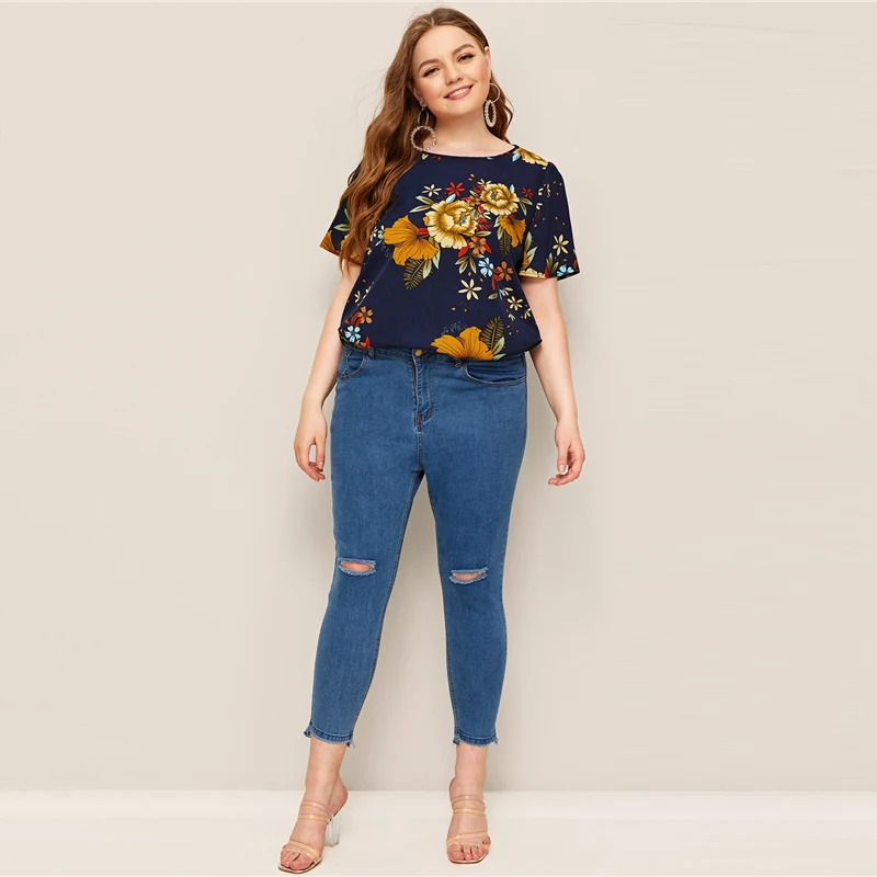 SHEIN, блузка размера плюс, темно-синяя, с растительным принтом,, женская, летняя, Цветочный, Круглый ворот, короткий рукав, обычная, плюс, блузки, рубашка