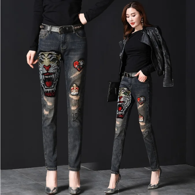 

Black Jeans Women Autumn Winter Ins Fashion Female Embroidery Sequins Phoenix Holes Jeans Slim Denim Pants Girls Ladies Jeans