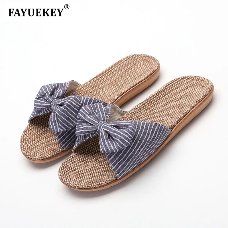 

FAYUEKEY 2019 Summer Women Linen Flax Home Slippers Floor Beach Outdoor Bowknot Breathable Non-slip Slides Sandals Flat Shoes