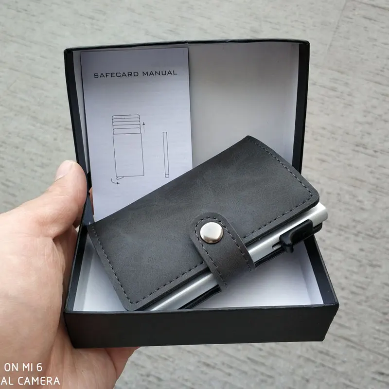 gray with box Новинка, RFID Блокировка, Ретро стиль, кредитный держатель для карт, для мужчин, алюминиевый, бизнес, ID, кожаный чехол для карт, мужской металлический держатель для карт, тонкий кошелек - Цвет: gray with box