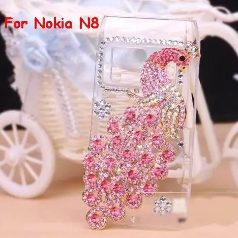 1pcs Free shipping Handmade peacock bird diamond case protective cover For Nokia N8 phoenix rhinestone Plastic Back Hard cover|diamond for