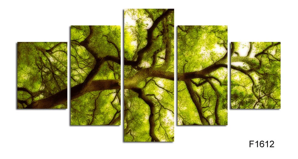 

Free shipping 5 Panel Green tree Painting Canvas Wall Art Picture Home Decoration Living Room Canvas Print Modern Painting