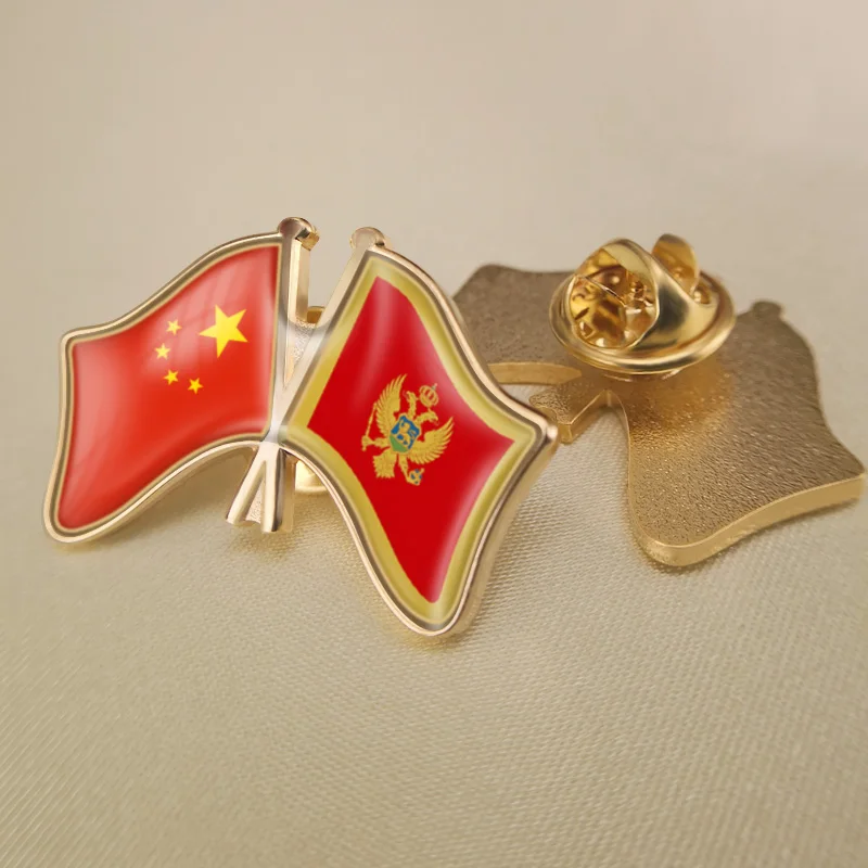 

China and Montenegro Crossed Double Friendship Flags Lapel Pins Brooch Badges