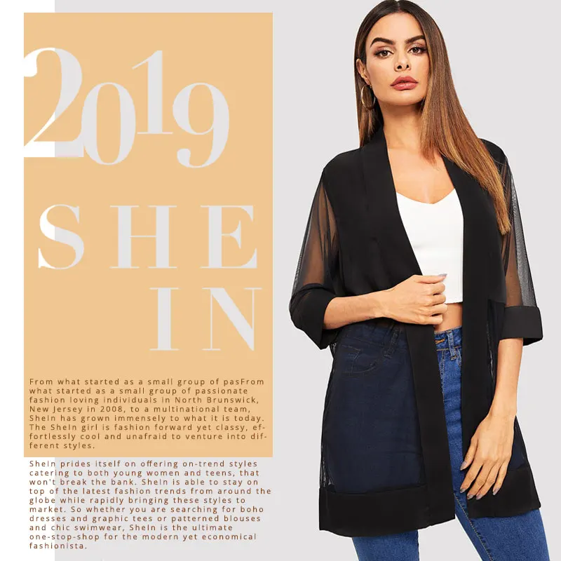 SHEIN Однотонная Накидка Летнее Пальто Кимоно С Прозрачными Вставками Длинное Кимоно С Длинным Рукавом