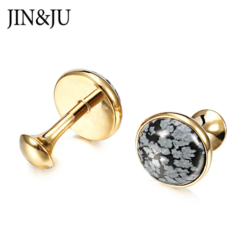 Gold Color JIN& JU Роскошные алебастерские каменные запонки для мужских рубашек Запонки Позолоченные высококачественные каменные запонки со снежинками - Окраска металла: Gold Color