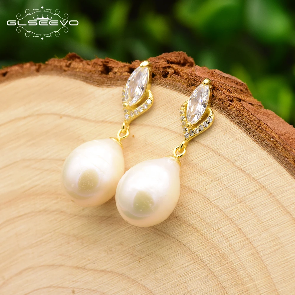 

GLSEEVO Natural Baroque Pearl Drop Earring 925 Sterling Silver Pave Zircon Earrings For Women Wedding Gift Fine Jewelry GE0680