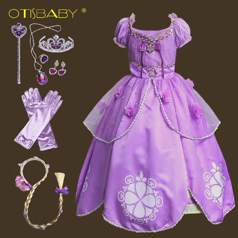 Purple Girls Sofia the First Costume Dresses Kids Princess Halloween Cosplay Frocks Children Party Rapunzel Dress Up Baby | Детская