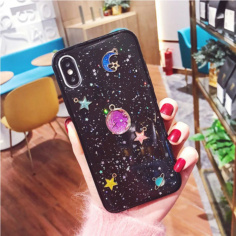 Черно-белый блестящий чехол из ТПУ со звездами и Луной для iPhone X прозрачный мягкий