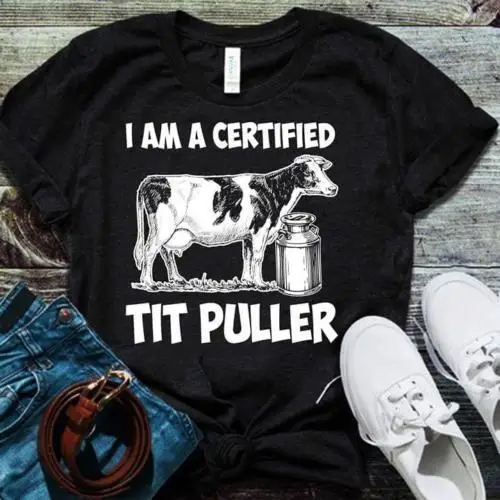 Корова фермер Забавный я сертифицирован Tit Puller футболка черный хлопок Мужчины