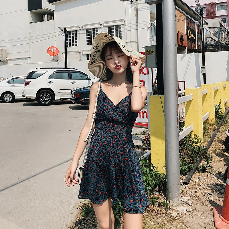 

Women's New 2019 Sexy Vintage MIni Chiffon Sleeveless V Neck A-line Dress