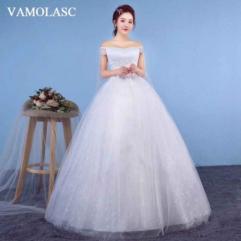 

VAMOLASC Sequined Boat Neck Lace Appliques Ball Gown Wedding Dresses Off The Shoulder Crystal Backless Bridal Gowns