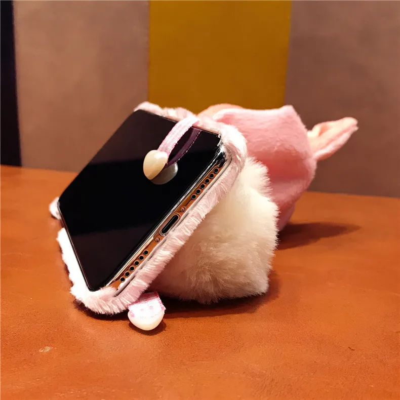 Ainike Cute Warm Fur Ball Pig Dog Hat Phone Case For iPhone X 6 6s Plus 7 7Plus 8 8Plus Animal Ears Soft Furry Plush Back Cover |