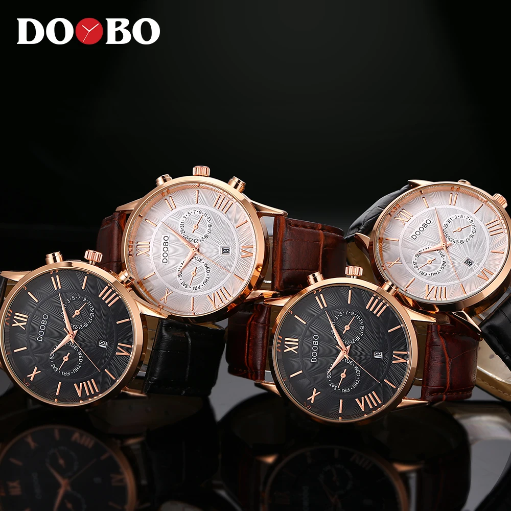 Doobo спортивные часы мужские золотистые Водонепроницаемый кожа Бизнес Кварцевые