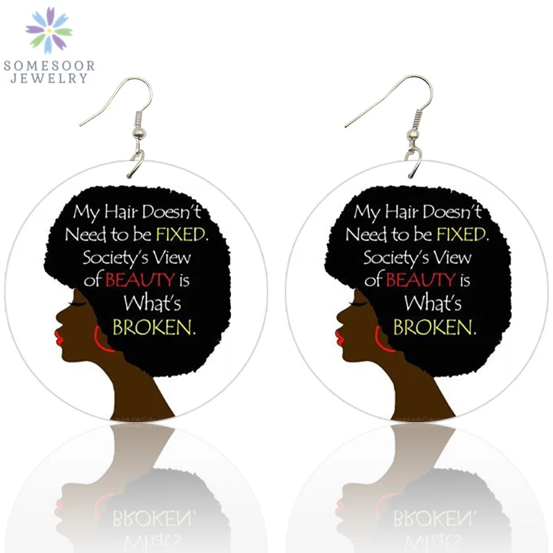 SOMESOOR Printed Black Sayings Wood Drop Earrings African Queen Locs Smart Afro Natural Hair Power Dangle Jewelry For Women Gift - Окраска металла: Both Sides Print 4