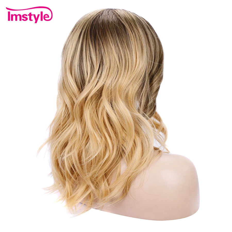 Imstyle Ombre Blonde Wig Synthetic Lace Front Short Water Wave Free Part Heat Resistant Fiber Glueless Daily Cosplay Wig|Синтетические