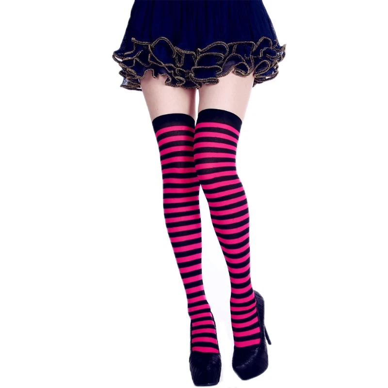 1 Pair Womens Long Striped Socks Contrast Color Thigh High Stockings Cosplay Halloween Socks Women Personality Long Socks