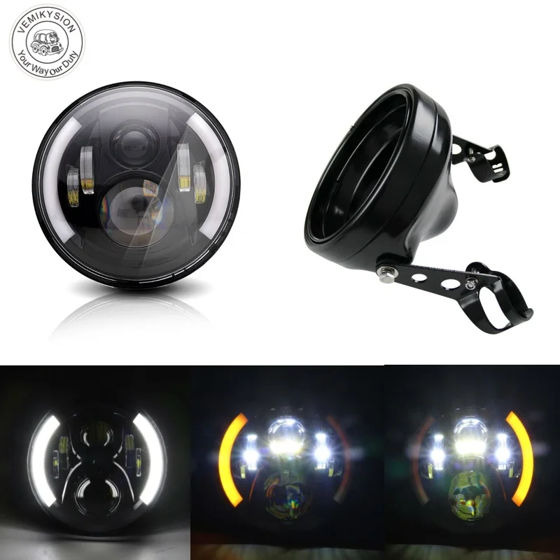 

7Inch 55W Round LED Motorcycle Headlights with Hi-Lo Beam DRL Turn Signal and 7Inch Headlights Housing Bucket