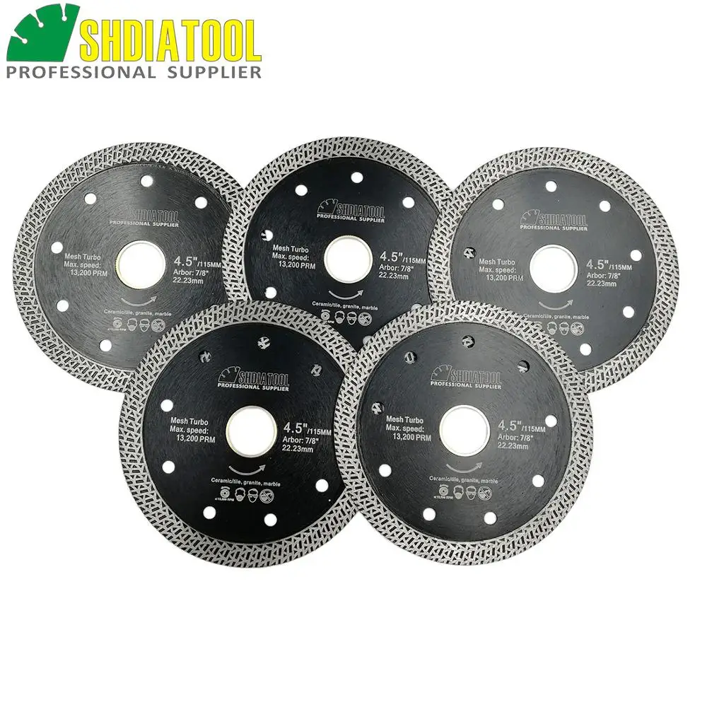 

SHDIATOOL 5 pks Diameter 4.5"/115mm Diamond Blade Hot-pressed Sintered Cutting Disc Mesh Turbo Blade Rim Segment SawBlade Wheel