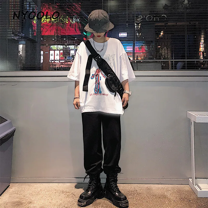 NYOOLO Harajuku стильная футболка с принтом черепа и буквами, Повседневная Уличная футболка с коротким рукавом в стиле хип-хоп, женская/Мужская одежда, топы, футболки