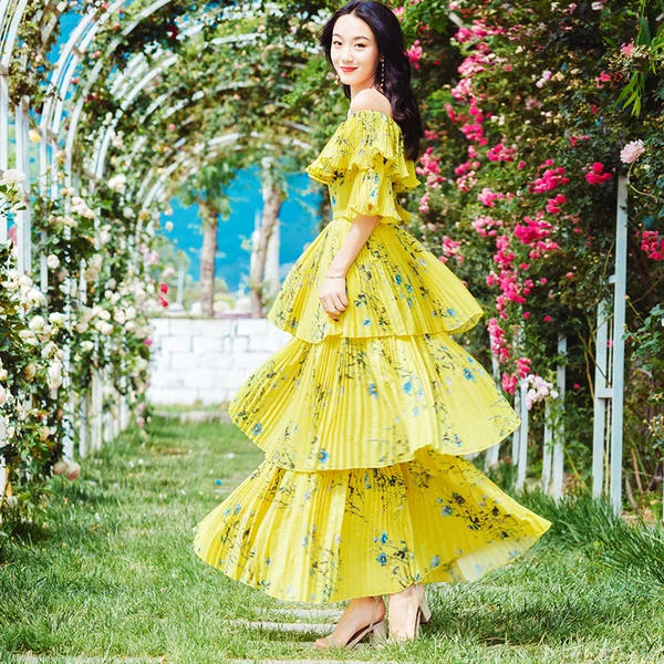 Сексуальное платье с вырезом-лодочкой летнее платье с автопортретом с открытыми плечами Плиссированное желтое шифоновое пляжный костюм с цветочным рисунком длинное платье