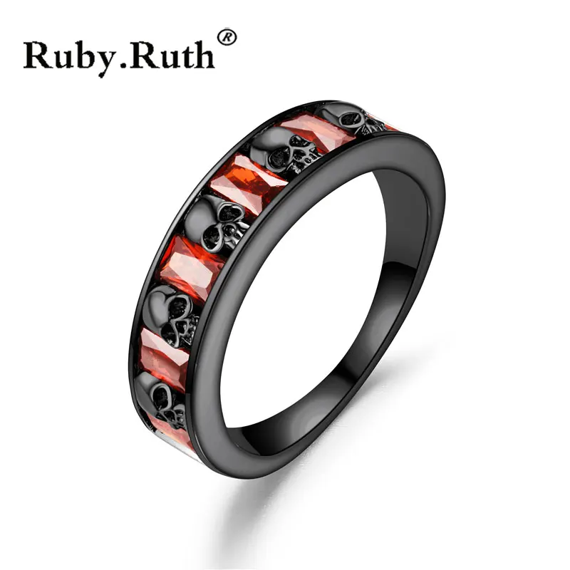Панк Черный Череп Красный Кристалл Циркон кольцо Черное Женское Свадебные