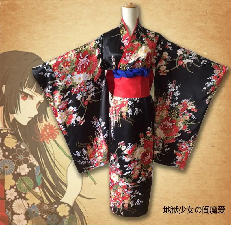 Аниме Jigoku Shoujo Futakomori Hell Girl Enma Ai Косплей Костюм Полный комплект униформы(кимоно+ воротник+ ремень) универсальное кимоно