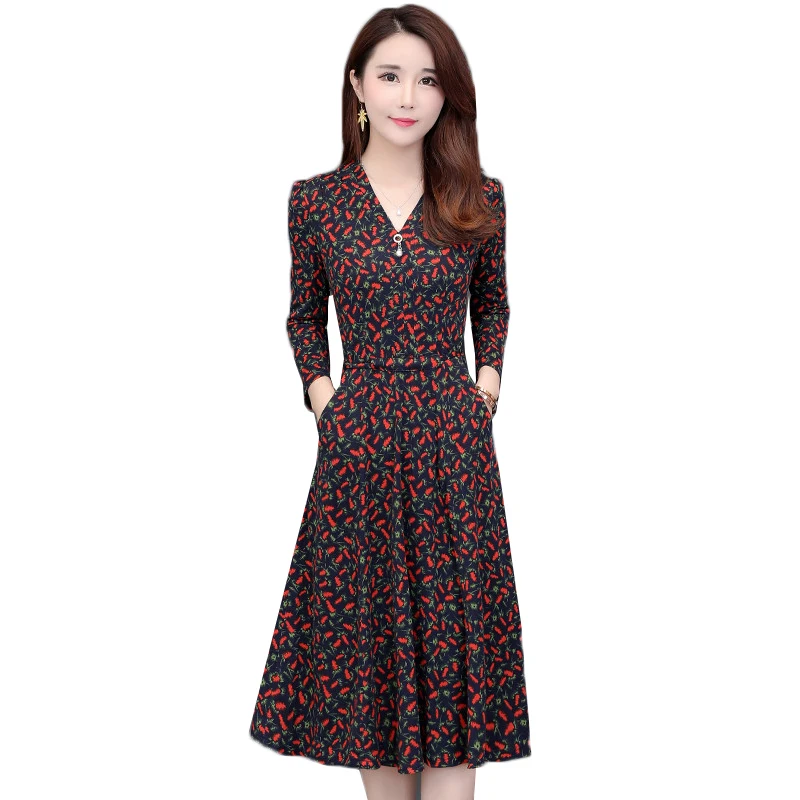 Женское винтажное платье миди с цветочным принтом V-образным вырезом и длинным