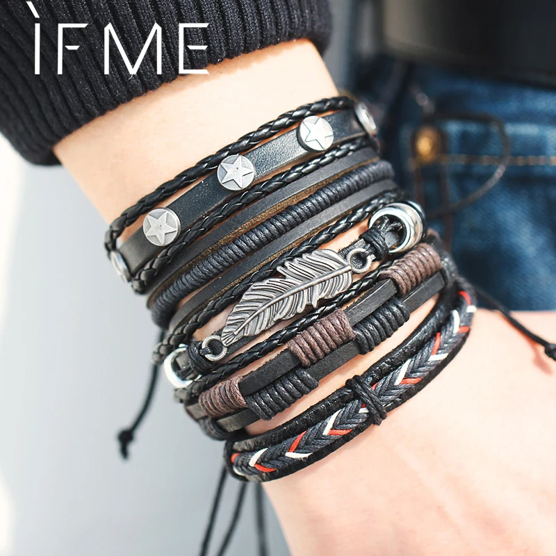 IF ME Vintage Leaf Feather Multilayer Leather Bracelet Men F